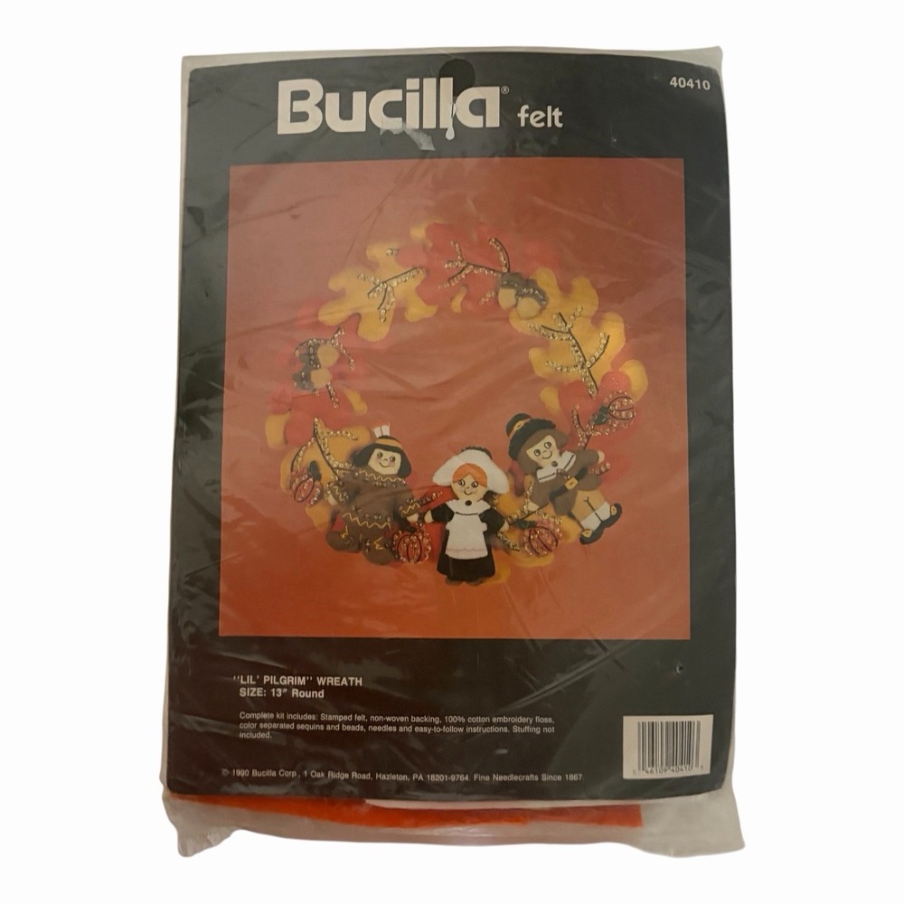 Vintage Bucilla Lil Pilgrim Felt Wreath Kit 40410 Thanksgiving Autumn Fall 13"